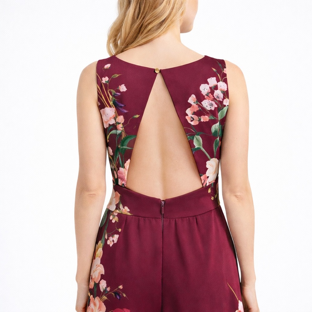 TED BAKER London Burgundy Floral Pleated Midi Dress Open Back|Long Sleeve|Size 0 - Picture 2 of 14